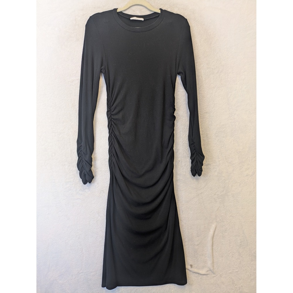 Wasabi + Mint Black Ruched Long Sleeve Midi Bodycon Dress Small